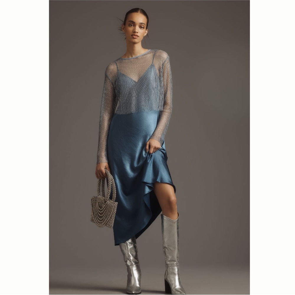 Anthropologie DOLAN Mesh Slip Twofer Midi Dress XXS Petite Color Blue